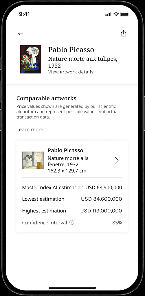 Comparable artworks view with AI estimation and confidence interval
